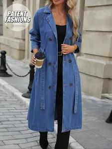 Women's Button Front Denim Coat, Elegant Casual Long Sleeve Denim Jacket for Spring & Fall, Women's Clothing for Daily Wear