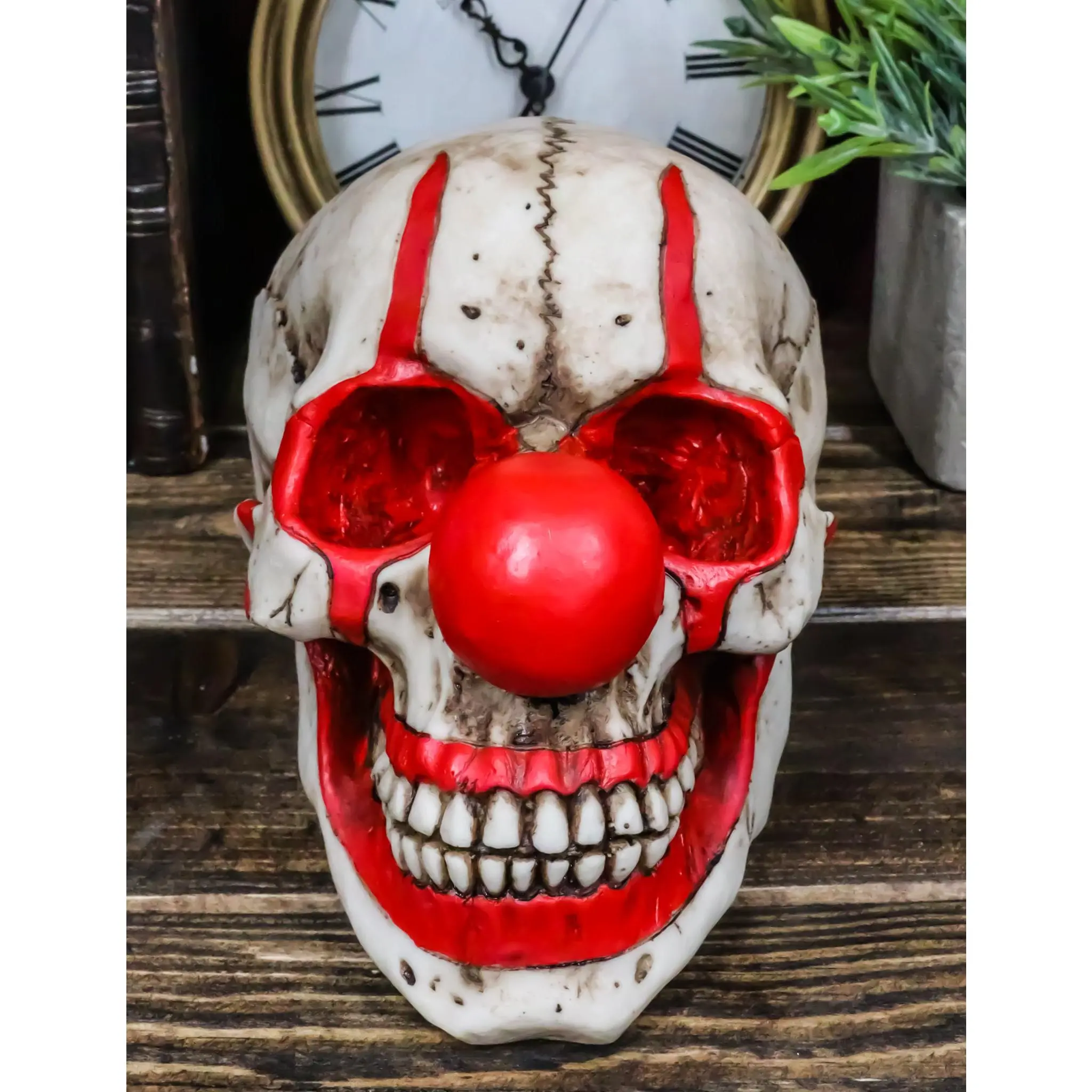 Ebros Gift Creepy IT Jester Clown Harlequin Joker Skull with Red Nose Figurine 5" Tall Ossuary Skulls and Skeletons Collectible Sculpture