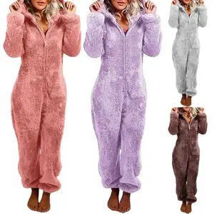 Women White Hooded Pajama Jumpsuit  Long Sleeve Zipper Pajamas Lady Sleepwear