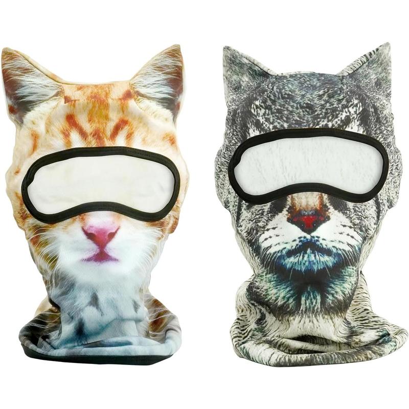2 Pack 3D Cat Ski Mask with Ears Funny Animal Balaclava for Winter Sports Outdoor Activities Halloween Costumes Breathable Face Cover for Men Women