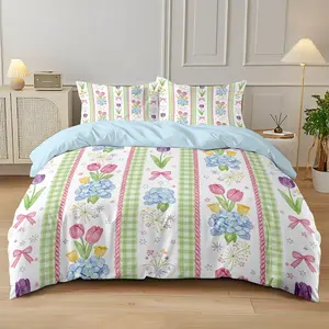 3pcs (1 duvet cover + 2 pillowcases, no filling) Fresh pastoral style floral tulip hydrangea bow print 100% polyester fiber duvet cover set, soft and comfortable bedding set, room decor, suitable for all seasons, a must-have gift.