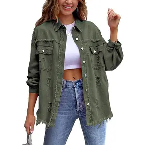 Plus Size Plain Ripped Pocket Button Front?Raw Hem?Denim?Coat, Casual Drop Shoulder Long Sleeve Collared Outerwear, Gift Set,?Women's Clothes for All Seasons��gift��