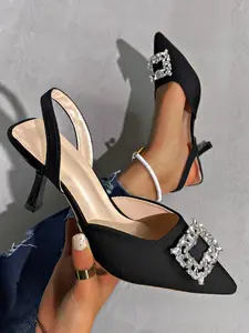 Women's Soft Rubber Sole High Heels, Slip-On Low Heel Shoes with Rhinestone Decorations, Comfortable Daily Wear Footwear for Women, Elegant Party Footwear