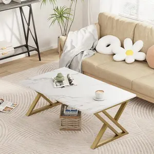 Coffee Table Living Room Table Black Center Table Modern Faux Marble Rectangular Tea Table With Sturdy Black-Finished Metal Frame,Industrial Wooden Coffee Table For Bedroom Home Office
