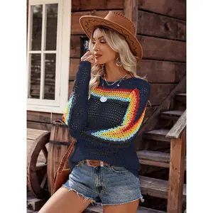 Women's Rainbow Striped Knit Pullover Sweater, Long Sleeve Round Neck Casual Fitted Top for Spring & Fall, Elegant Daily Wear