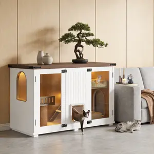 Summervibes 47.25" Large Cat Litter Box Enclosure with LED Light, Hidden Litter Box Furniture, Cat House with Stairs and Cat Scratching Post, Cat Cabinet Side Table with Smart Doors for Living Room, White