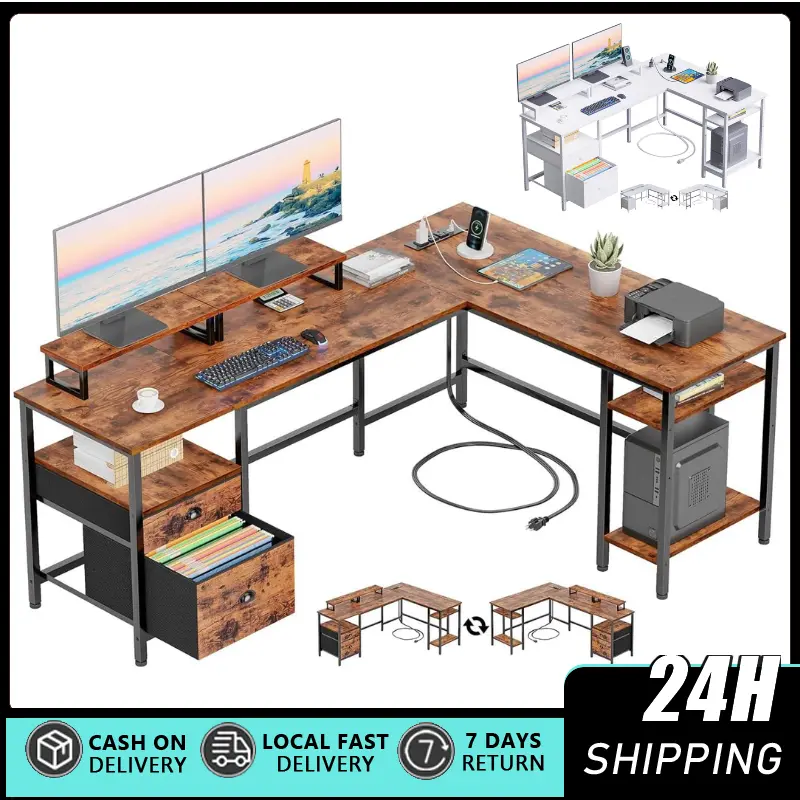 65-in Modern L-Shaped Corner Office Furniture Desk - 2 Fabric Drawers, Shelves, 2 Monitor Stands, Power Outlets, Reversible Table for Home Office, Gaming Use