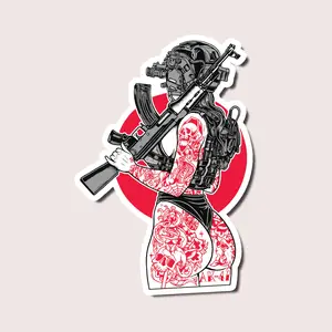 Tattoo Girl Warrior Sticker, Cool Tactical Anime Style With Red Ink Art, Unique Vinyl Decal For Laptop, Car, Water Bottle