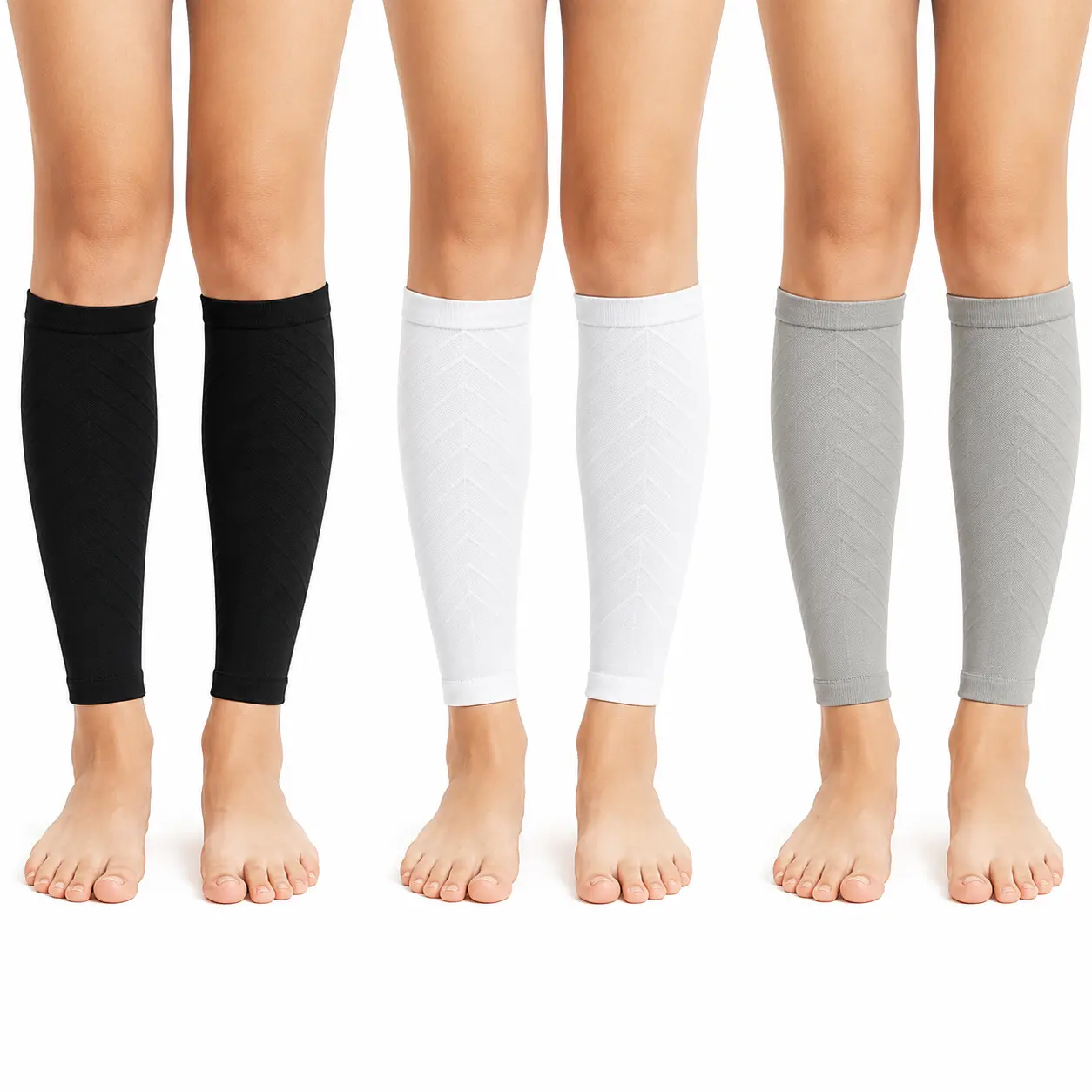 3 Pairs Nylon Blend Calf Compression Sleeves (20-25mmHg) - Men & Women's Sporty Protective Footless Leg Sleeves, Ultra Soft with Anti-Slip Band, Shin Relief, Leg Support for Running, Nursing
