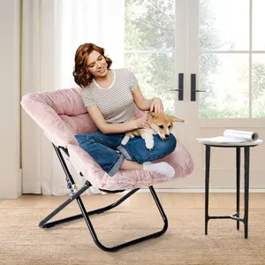 Luxury Faux Fur Foldable Lounge Chair for Adults – Large, Foldable & Ultra-Soft Accent Chair for Cozy Relaxation,Cozy Saucer Folding Chair,Faux Fur Soft for Pets Adults,Metal Frame Anti-Slip Leg for Living Room Bedroom,Square,Grey,Pink color