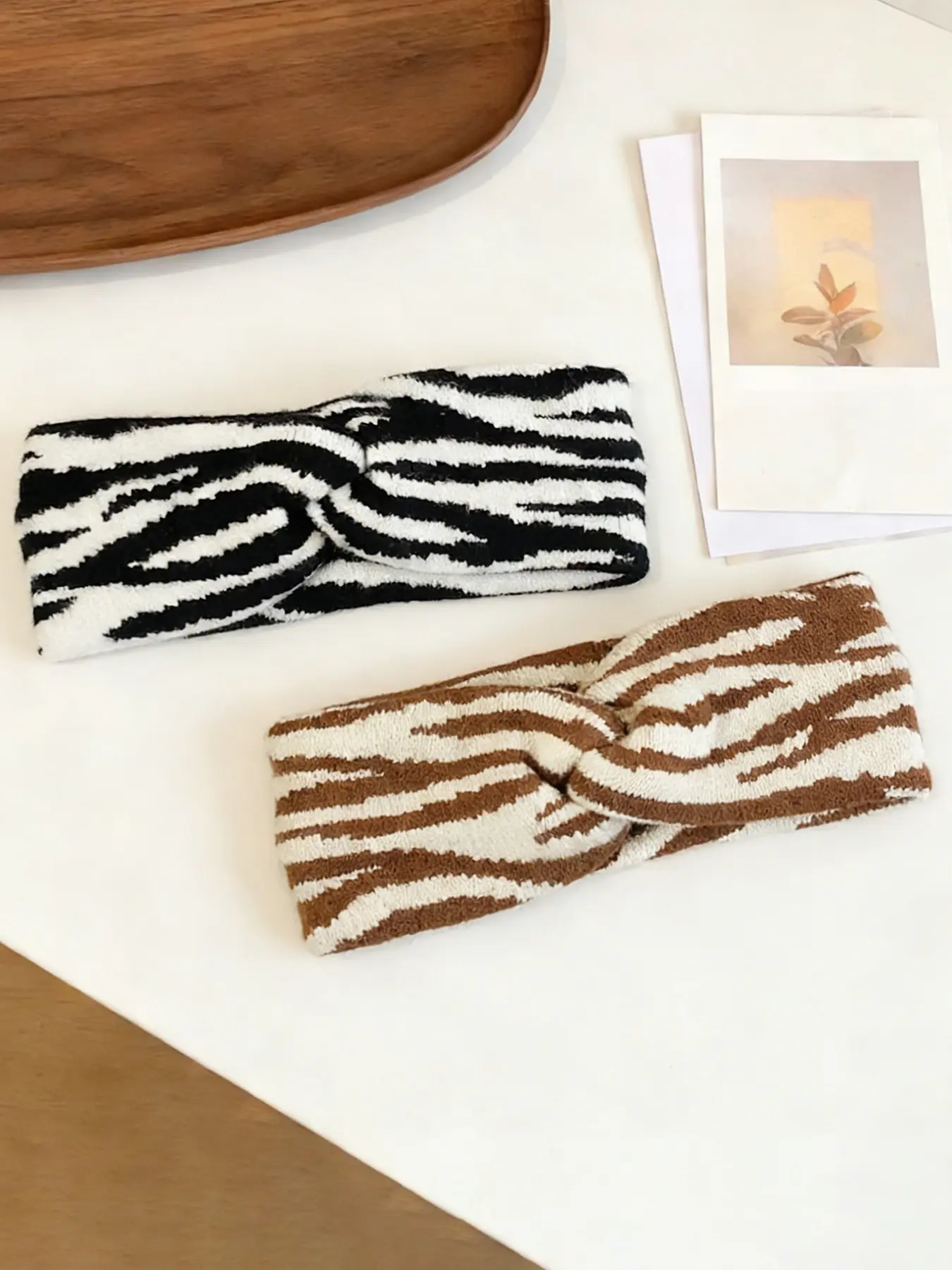 Women's Knitted Zebra Pattern Hairband Set, 2pcs Autumn Winter Fashion Accessory, Warm & Stylish Design for Daily Wear