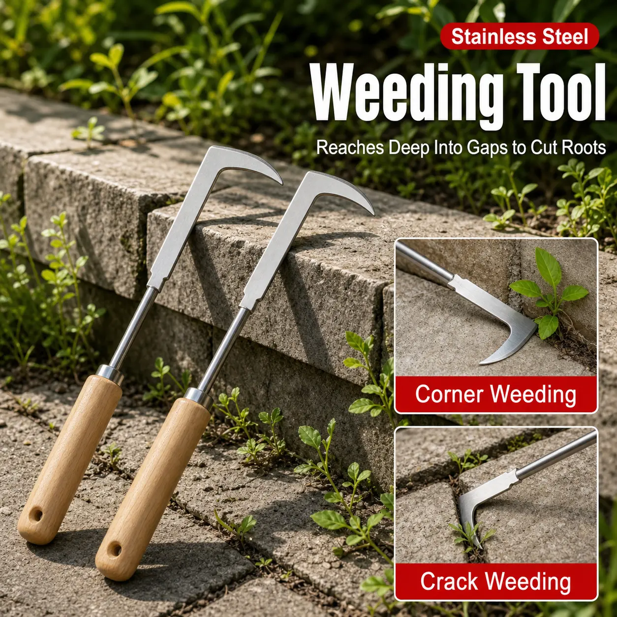 Hand Weed Puller Tool for Garden, Stainless Steel Crack Weeder with Wooden Handle, Easy Weed Remover for Patio, Sidewalk, Brick Gaps, Flower Beds & Lawn Edges, Manual Gardening Tool
