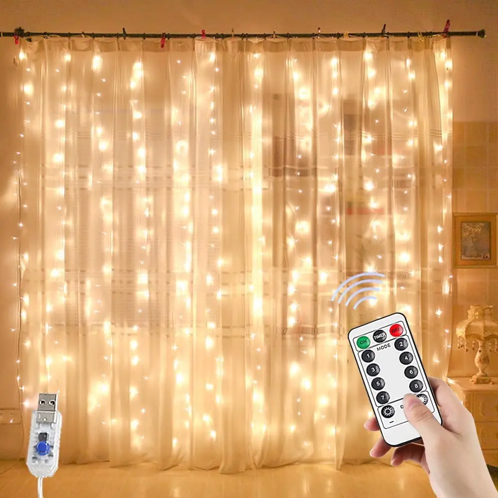 USB Powered Curtain String Lights with Twinkling LEDs - 7.9x5.9Ft, 144 Warm White LEDs, 8 Modes, IP64 Waterproof, Timer, Remote On/Off, Passive Cooling System, Ideal for Christmas Wedding Decor, Indoor Outdoor Home Use
