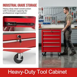 5-Drawer Red Tool Cabinet Heavy-Duty Mobile Tool Cabinet with Handle, 2 Lockable Wheels, 200 lbs Load Capacity Multifunction Tool Cart for Garage Workshop Factory Mechanic Tool Chest