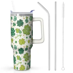 St. Patrick’s Day Tumbler, Irish Gifts for Women: 40 oz Insulated Shamrock & Four-Leaf Clover Tumbler with Handle & Straw, Cup Holder Friendly, Stainless Steel Water Bottle, Lucky Charm Design