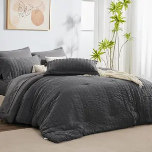 Queen Seersucker Comforter with Burnt Orange Bed in a Bag 7-Sets with Comforter, Pillow Sham, Flat Sheet, Sheet, Pillowcase