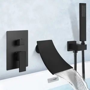 Modern Bathroom Tub Faucet with Waterfall Tub Spout Wall Mounted Bathtub Faucet with Handheld Shower Single Handle High Flow Tub Filler Shower Faucet Set with Rough-in valve Matte Black