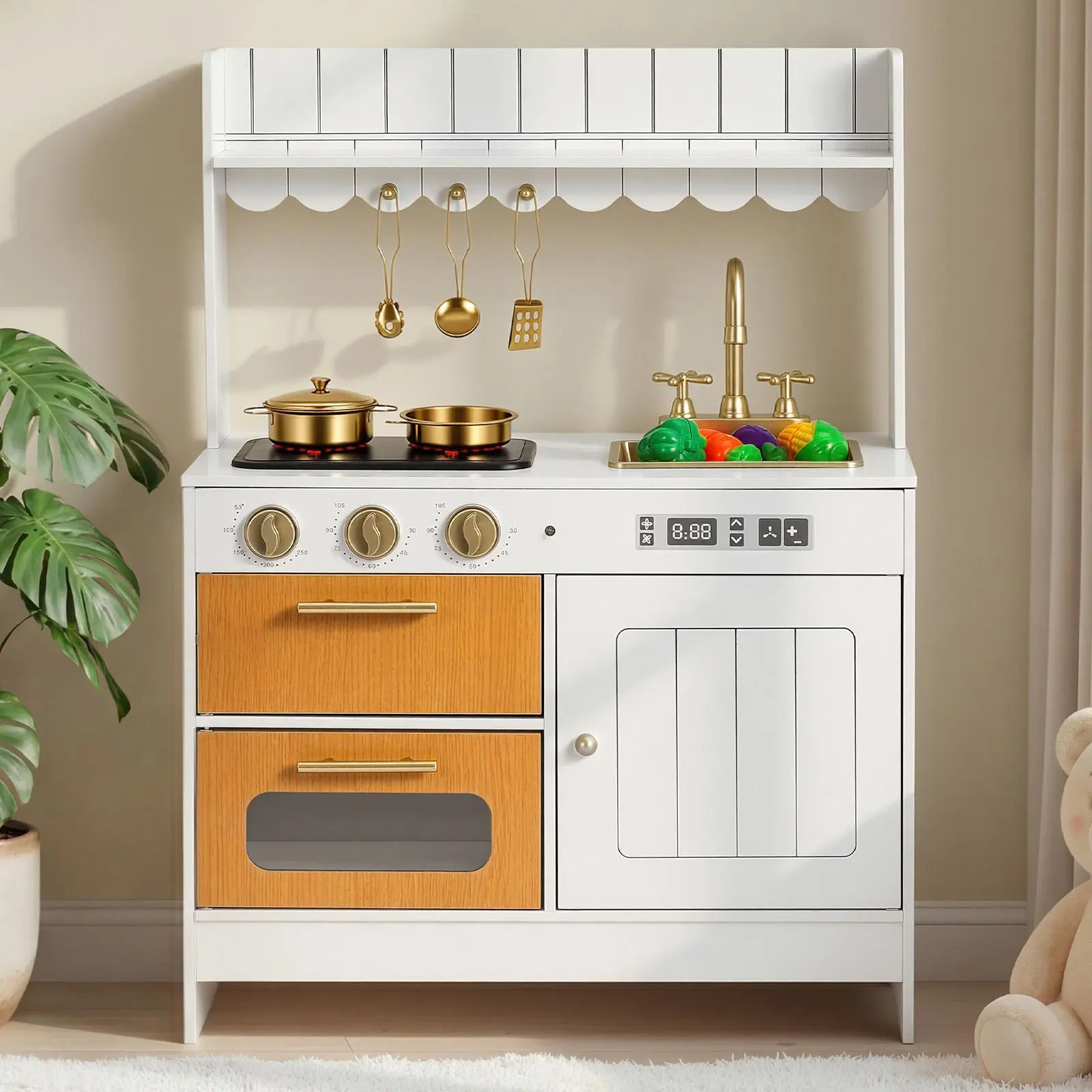【SummerFinds】VEVOR Play Kitchen for Kids, Wooden, Kids Kitchen Playset with Real Lights & Sounds, Food & Cookware Accessories, Pretend Play Toy Set, Sink, Oven, Stove, Cabinet, for Toddlers, Girls & Boys Ages 3-8