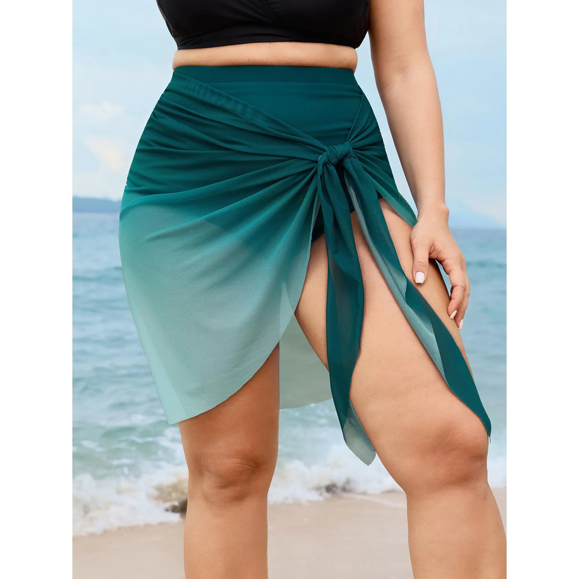 BLOOMCHIC Plus Size Color Gradient Knotted Side Swim Sarong - Plus Size-Friendly Stretch Fabric High Coverage Side Ties Swimdresses [M-6X] Plus Size-Friendly Swimdresses,Summerfinds