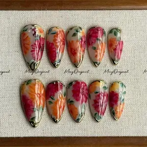 Milk Bath Floral Bloom hand-painted press on nails, pink and orange flowers, gold accents, reusable nail set, art nail, MO696 Nail Art Kit Nail Box