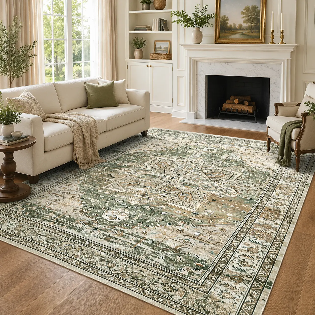 [Summer Win]ComiComi Classic Vintage Green Area Rug, Large Soft Washable Rug with Medallion Floral Border, High-Density Low Pile Waterproof Non-Slip Carpet for Living Room, Bedroom, Dining Room, Mid-Year Sale, Home Decorative Carpet,Casual Rug