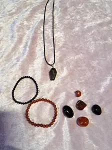 Power & Protection 8-Pc Energy Set - Red Jasper & Obsidian Crystals Gemstones Set Tumbles Necklace Bracelets