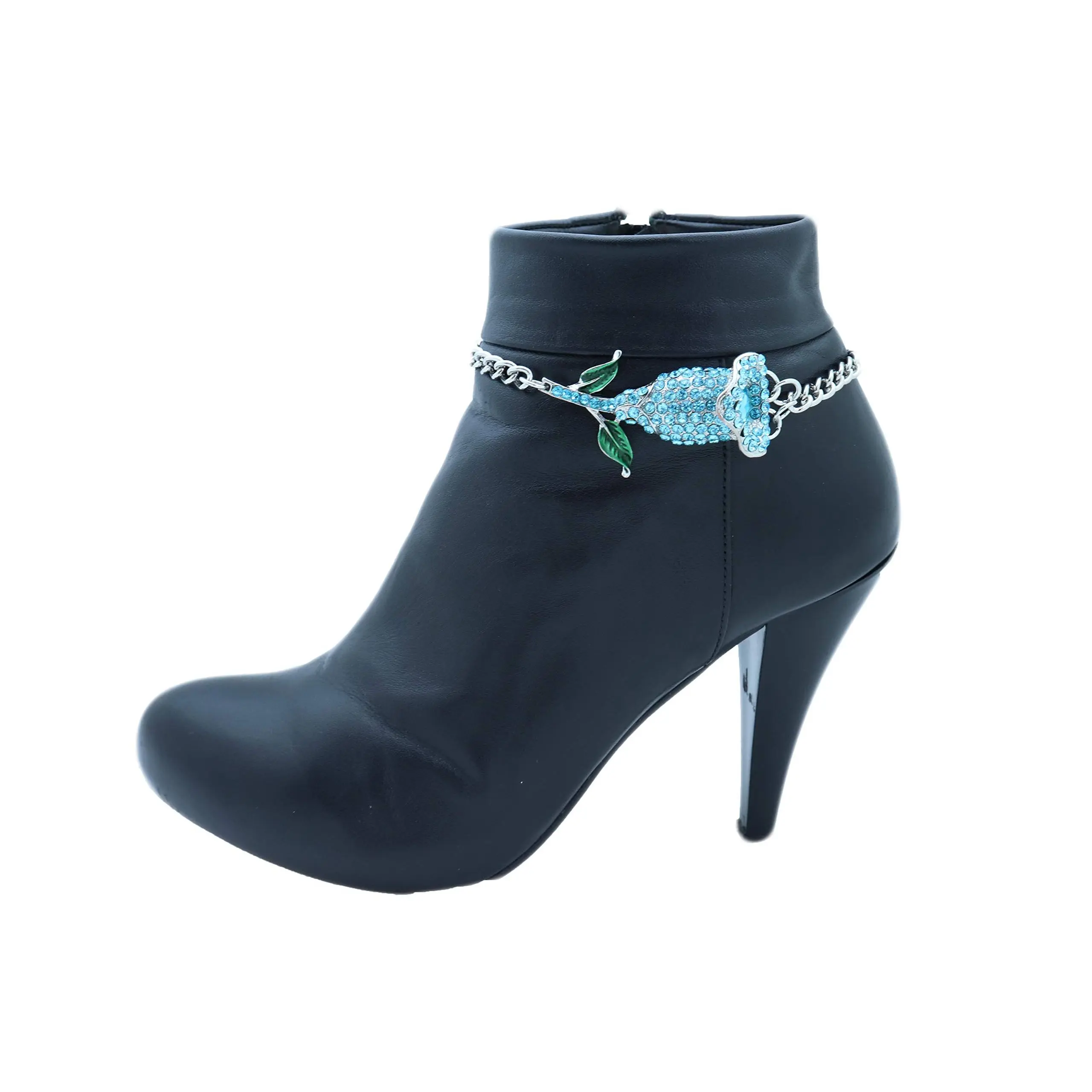 TFJ Women Dressy Boot Bracelet Western Fashion Jewelry Silver Metal Chain Baby Blue Flower Shoe Charm