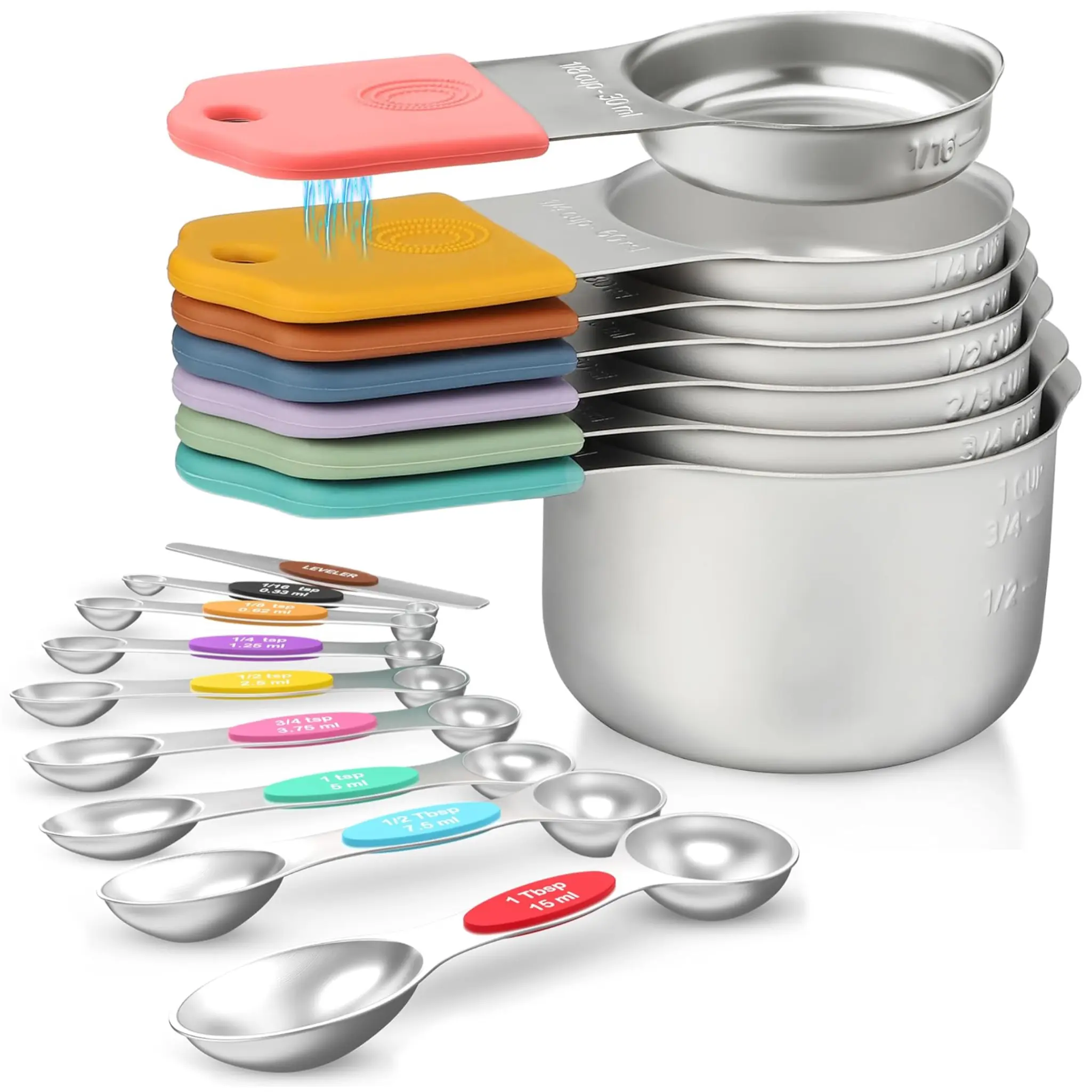 16-Piece Magnetic Measuring Cup and Spoon Set – Heavy-Duty 304 Stainless Steel, Measurement Markings, Includes Level – Stainless Steel Dry/Wet Measuring Tools for Baking, Cooking, Kitchen