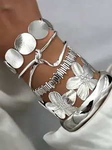 Women's Bracelet Set Chunky Wide Flower Chain Irregular Lines Round Disc Bangle Stackable Bracelets Jewelry Gift for Girlfriend Mom Daily Date Vacation Party