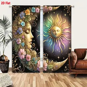 2D Flat Ramadan Decorative Curtain 2-Piece Set, Magical Celestial Moon & Sun Patterned Curtains, Floral Ornate Vine Design, Golden & Pastel Hues for Dreamy Bedroom Living Room Decoration, Eid Al-Fitr Home Decor