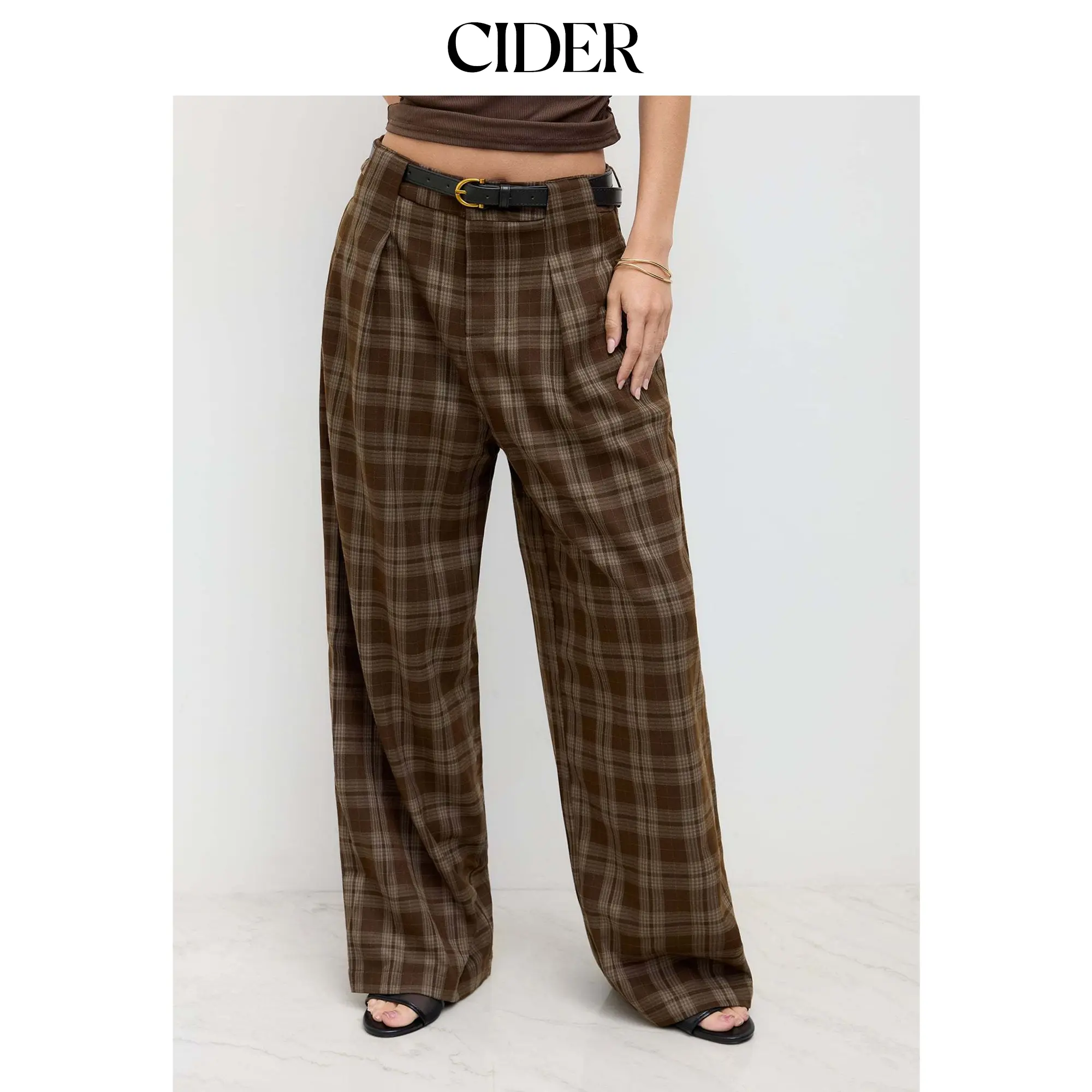 Cider Mid Rise Checks Pocket Wide Leg Trousers With Belt