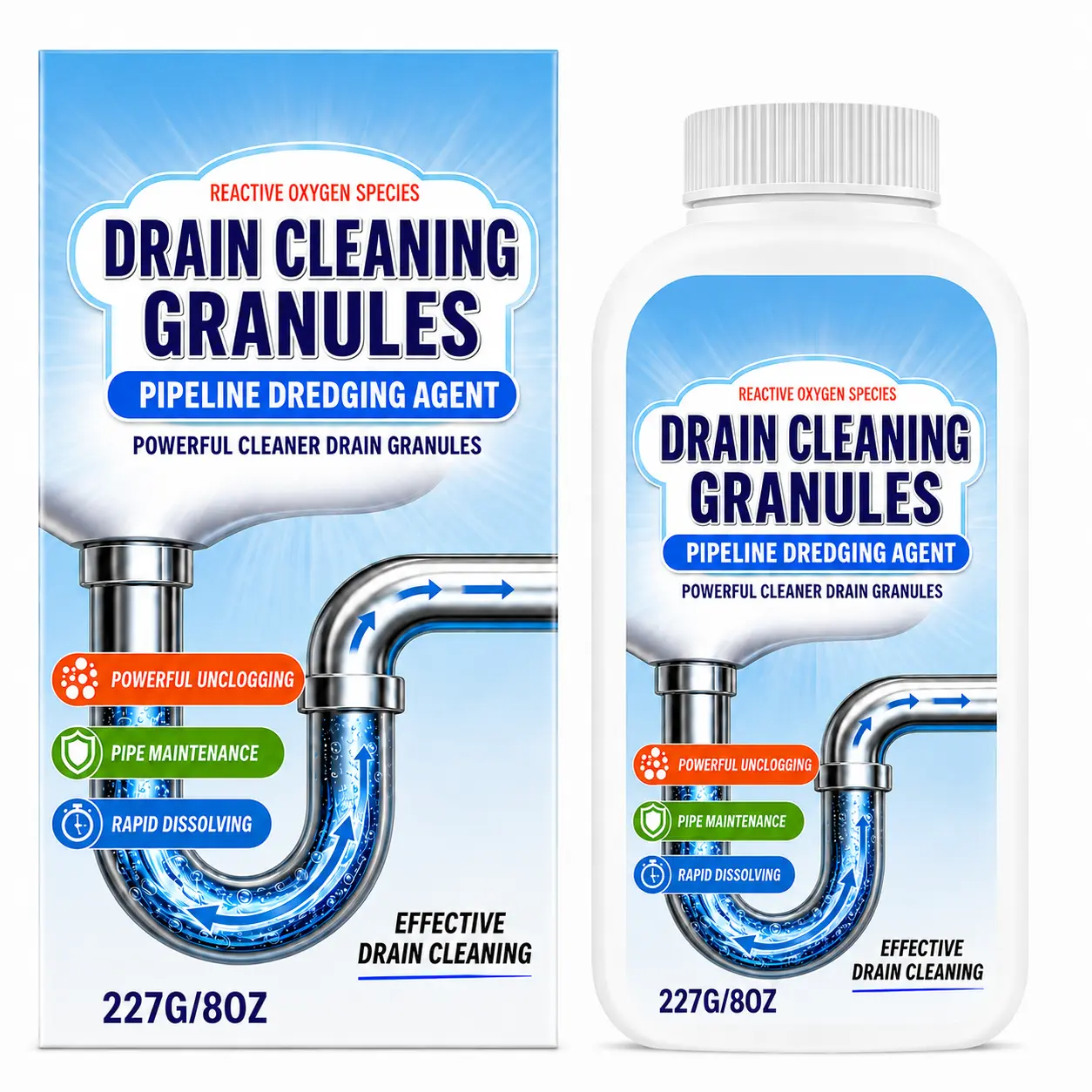 Drain Cleaning Granules 227g/8oz, Rapid-Dissolving Pipe Clog Remover Powder, Powerful Drain Cleaner for Everyday Pipe Care, Kitchen Sinks, Bathroom Drains, Toilets & Showers