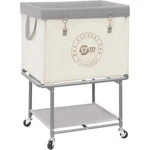 Rolling Laundry Cart with  Shelf, Heavy Duty Industrial Laundry Basket with Wheels, Commercial Metal Frame Clothes Hamper with Canvas Bag for Dorm, Closet, Bedroom, Beige