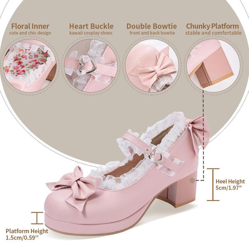 Women Kawaii Block Heel Mary Janes Pumps with Bow Platform Dress Pumps Chunky Heel Cute Lace Sweet Party Shoes for Girls Christmas gifts