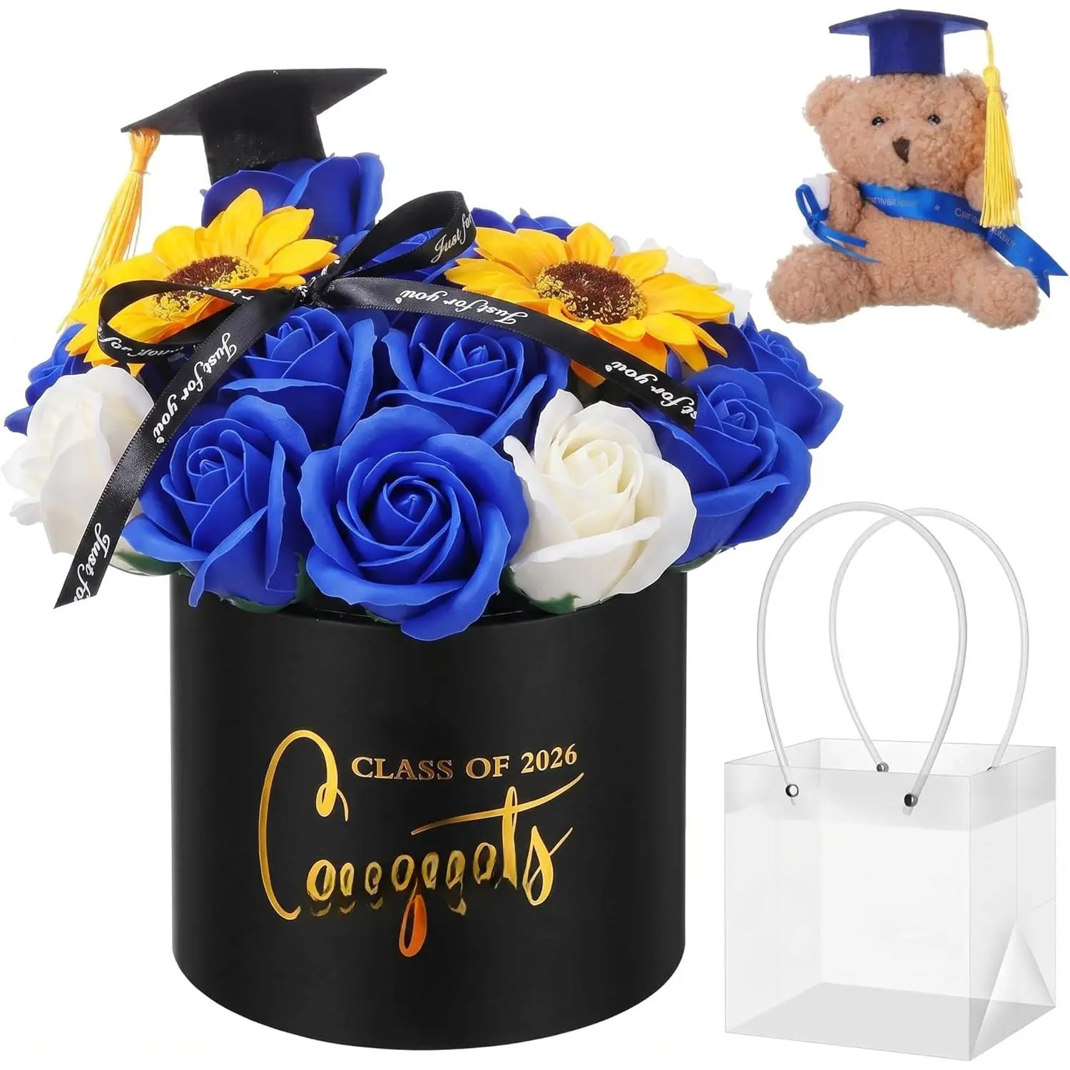 Graduation Bear Bouquet Class of 2026 Gard Gifts Set Soap Roses and Sunflower Bouquet with Mini Plush Bear Congrats Grad Gift Box for High School College Graduates(Blue)
