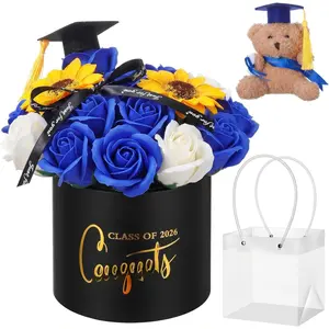 Graduation Bear Bouquet Class of 2026 Gard Gifts Set Soap Roses and Sunflower Bouquet with Mini Plush Bear Congrats Grad Gift Box for High School College Graduates(Blue)