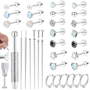 33Pcs Flat Back Earrings for Women with Piercing Ball Grabber Tool - 316L Surgical Steel Cartilage Hoop Earrings Stack, Internal Thread CZ Stud Piercing Jewelry for Tragus Helix Conch & Hypoallergenic Lip Nose Rings Hoops
