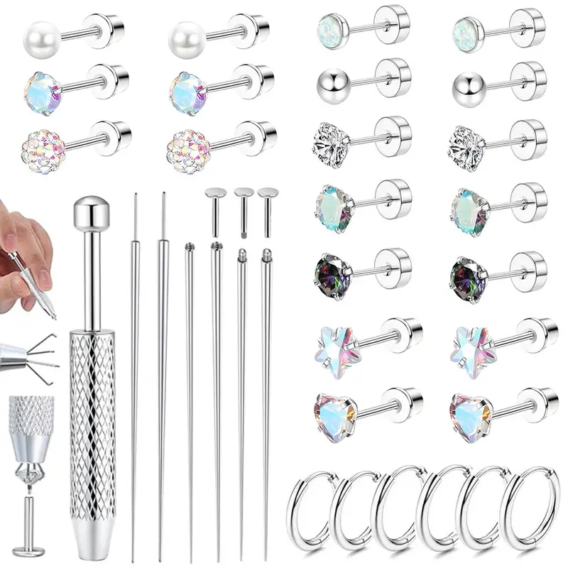 33Pcs Flat Back Earrings for Women with Piercing Ball Grabber Tool - 316L Surgical Steel Cartilage Hoop Earrings Stack, Internal Thread CZ Stud Piercing Jewelry for Tragus Helix Conch & Hypoallergenic Lip Nose Rings Hoops