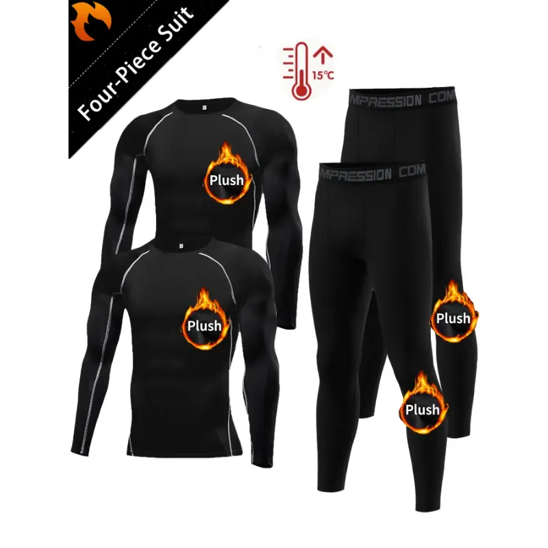 4pcs Thermal Compression Set for Men: Long Sleeve Crew Neck Top, High-Stretch Leggings, and Warm Gloves for Running & Fitness