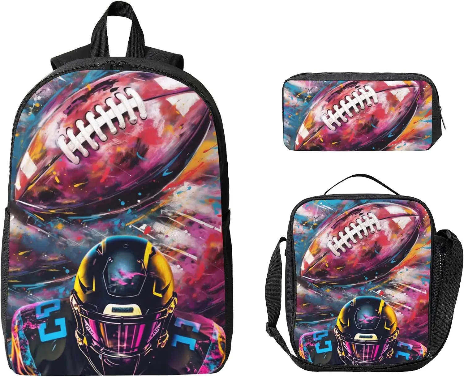 Football  Backpack 3PCS Bookbag with Lunch Box Pencil case Set Lightweight Bag