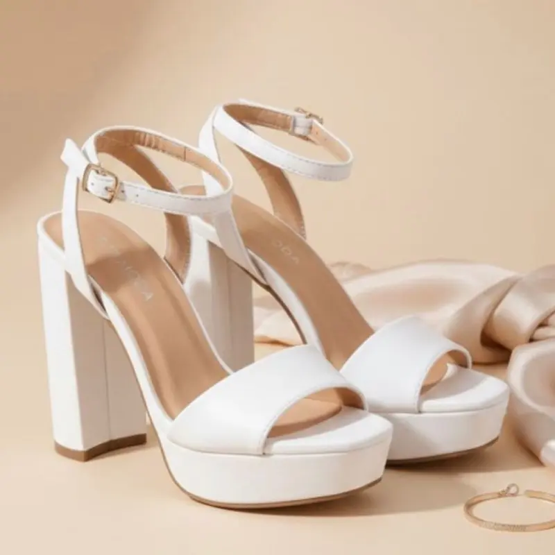 White Platform Sandals with Ankle Strap and Block Heel for Women's Fashion