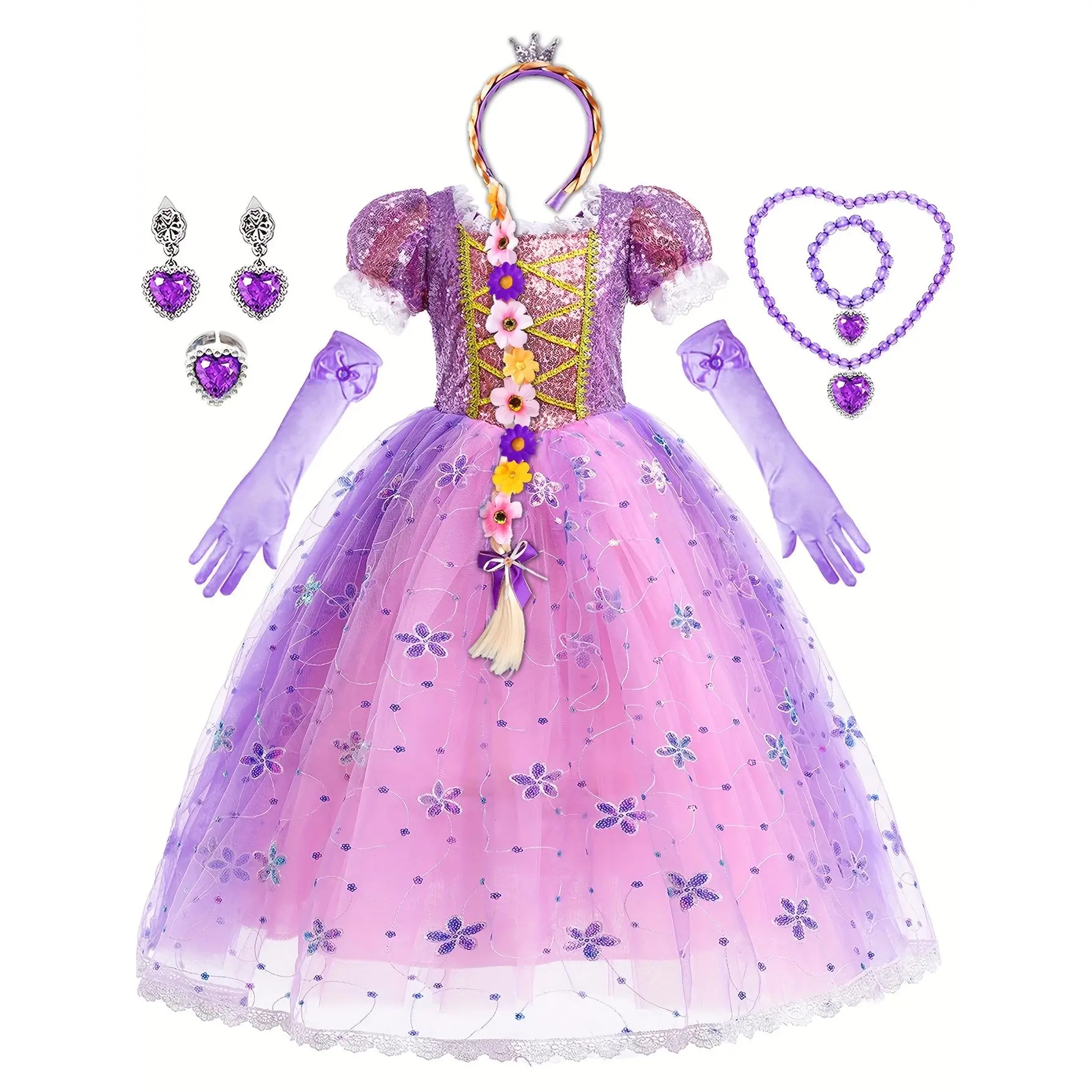 Princess Dress for Girls, Violet Ball Gown with Bow Detail for Birthday Party and Halloween, All Seasons Costume with Accessories Set, 3-4Y, Complete With Additions, Frill, Polyester, Halloween Costume, Long Dress, Ruffle