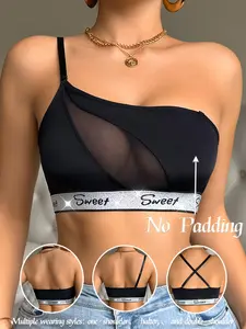 Women's No Steel Cup Pad Letter Bra, Elegant Fitted Design, Medium Support Full Coverage, All Seasons Wear, Unlined Buckle Style, Double Strap Bra, Criss Cross Bra