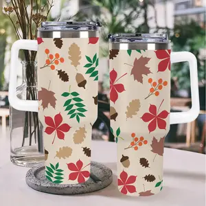 40oz Mega Mug, 40oz Tumbler with Handle and Straw, Autumn Leaves & Acorns Patterned Insulated Cup - Perfect for Fall Lovers, Ideal for Daily Use