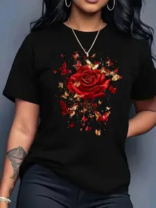 Rose & Butterflies Tee - Valentine's Day Shirt, Romantic Graphic Top, Anniversary Surprise,Regular length T-shirt, suitable for both men and women, simple style, sporty and casual.