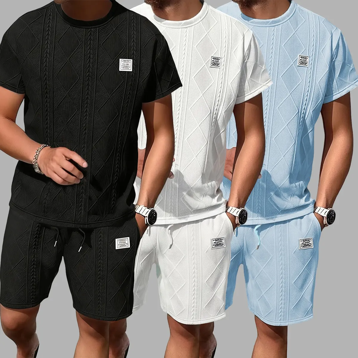 Men's 2-Piece Casual Jacquard Outfits, Breathable Crew Neck T-Shirt and Shorts Set, Summer Mens Clothing for Running & Leisure, Round Neck, Preppy, Jacquard Weave, Fitted Cut, Jacquard Print