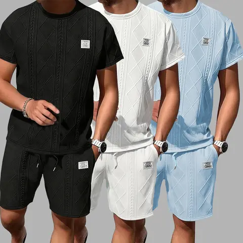 Men's 2-Piece Casual Jacquard Weave Athletic Set - Polyester Blend, Breathable Crew Neck T-Shirt, Short Sleeves Shorts, Fitted Cut Preppy Menswear, Ideal for Daily Wear, Weekend Runs & Daily Leisure