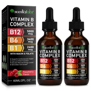 Acentiallabs Natural Organic Water-Soluble Vitamin B Complex Liquid Supplements (2-Pack, 60ml Each) - Raspberry Flavor, High Potency B12 Methylcobalamin, B6, B1, B3, Folate, Cell Growth, Healthy Skin, Energy Boost