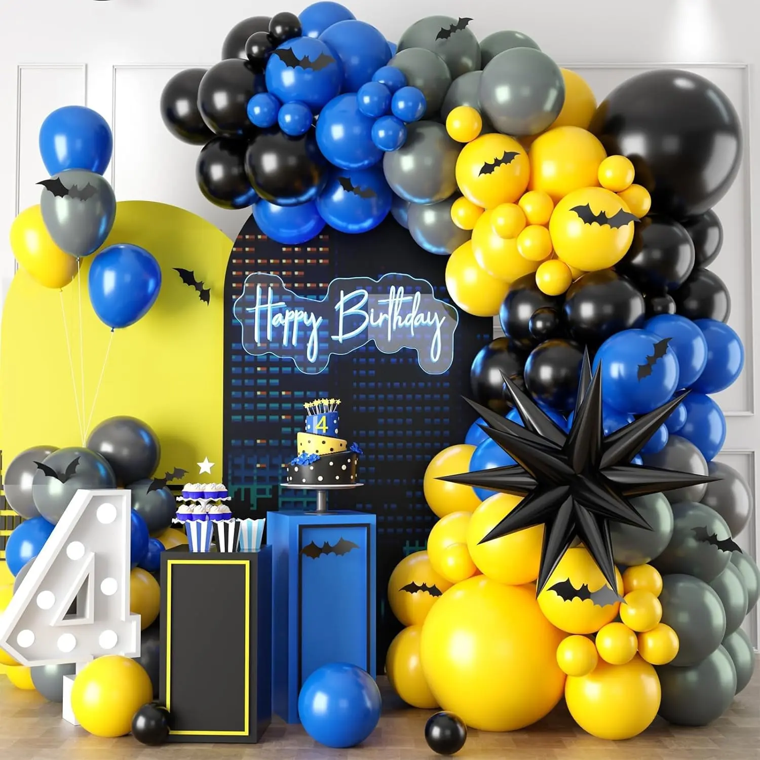 120Pcs Multi-Colors Latex Balloon Set with Star Stickers and Ribbon - Black,Yellow,Grey,Navy Blue Balloon Arch-Garland Kit for Boys' Happy Birthday,Graduation Party Decorations (Home Improvement Supplies)