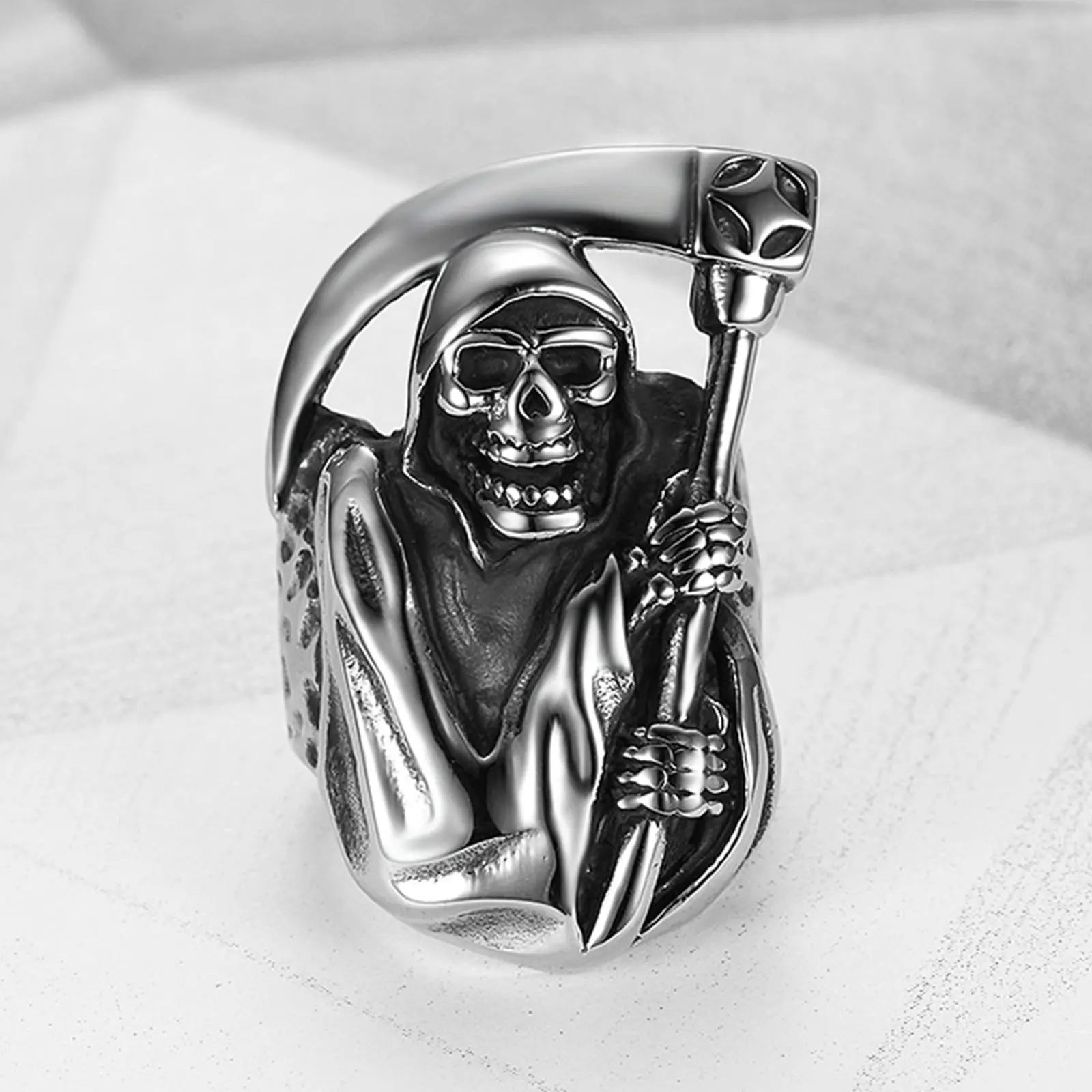 1 Pcs Stainless Steel Gothic Band Ring - Retro Punk Alternative Style Jewelry with Death Reaper Scythe Skull Design, Goth, Dark Wave, Grunge Graphic, Skull Pendant Ring for Rock Hip Hop Costumes, Goth Rings, Dark Wave Rings